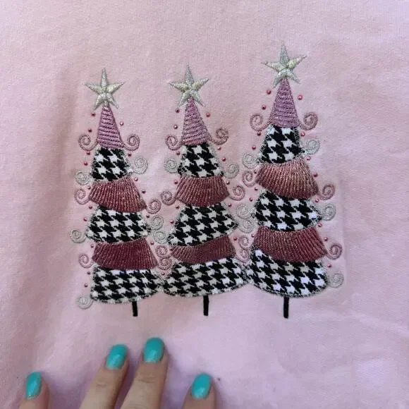 Vintage Coquette Whimsy Pale Pink Black plaid Christmas Tree Crewneck Sweatshirt - Picture 2 of 8